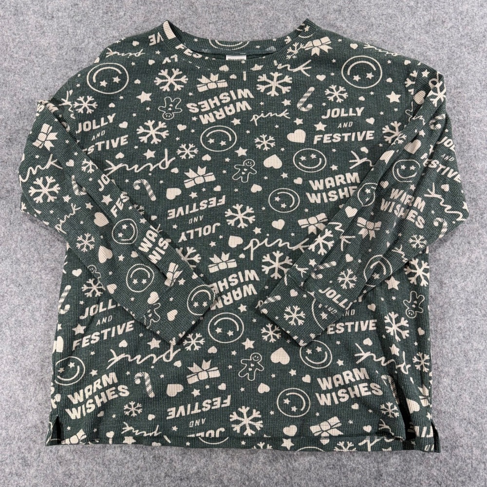 Victoria's Secret PINK Waffle Knit Thermal Sleep Shirt Green Holiday Festive M